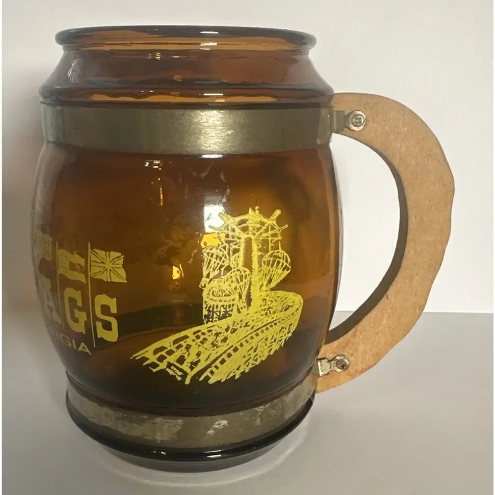 Vintage Six Flags Over Georgia Atlanta Amber Glass, Wood And Metal Collector Cup